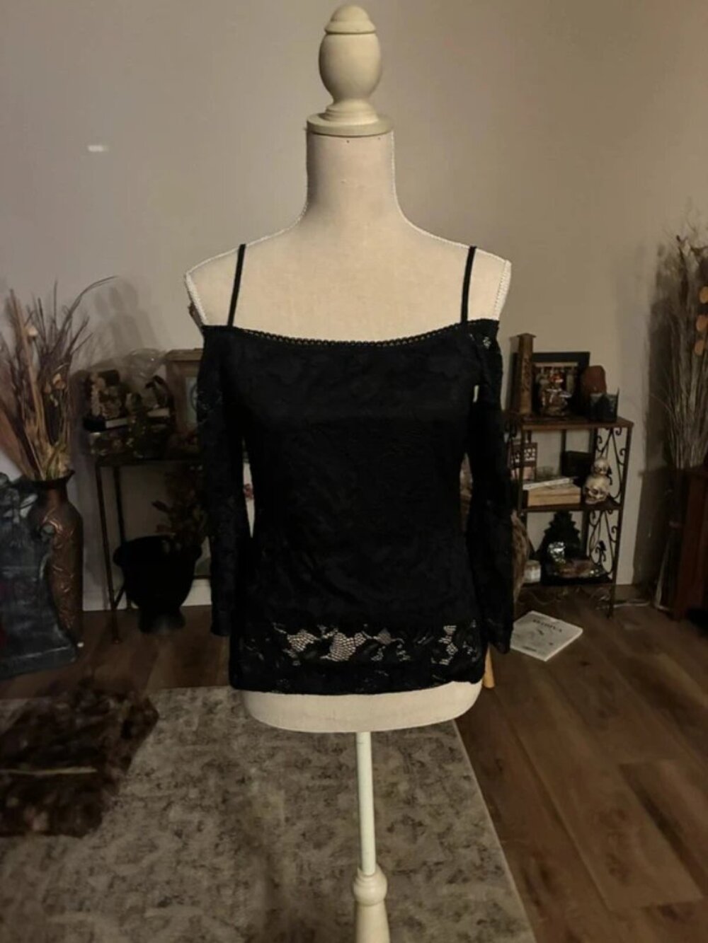 Fashion Magazine Y2K Black Floral Lace Cold Shoulder Bell Sleeve Top